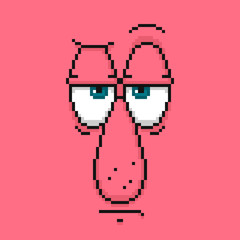 Cartoon cool face with big nose in pixel art style. Pink square avatar.