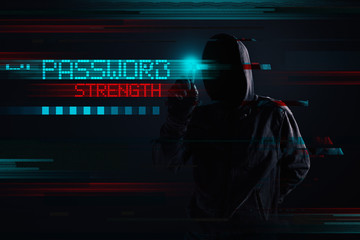 Hooded hacker in password strength concept