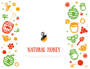 Modern honey banner .Grunge yellow advertising with two sides pattern. Organic design template.