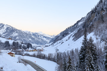 sunrise in valley großarl in austria in winter on sunny day