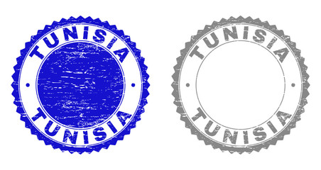 Grunge TUNISIA stamp seals isolated on a white background. Rosette seals with grunge texture in blue and gray colors. Vector rubber watermark of TUNISIA label inside round rosette.