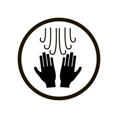 Simple toilet or restroom sign with two hands and warm air streams in a black circle isolated on white background. Close up view