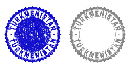 Grunge TURKMENISTAN stamp seals isolated on a white background. Rosette seals with grunge texture in blue and grey colors. Vector rubber stamp imitation of TURKMENISTAN tag inside round rosette.