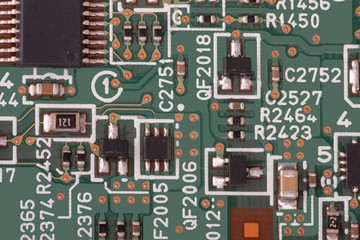 Electronic circuit board close up. Microchips and other components