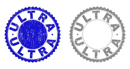 Grunge ULTRA stamp seals isolated on a white background. Rosette seals with grunge texture in blue and gray colors. Vector rubber stamp imitation of ULTRA tag inside round rosette.