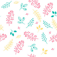 Vector floral pattern in decorative style. Hand drawn branches, berries and leaves on white background, seamless illustration.