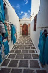 Narrow alley and entrance to the historic house in the city of Lindos on the island of Rhodes.
