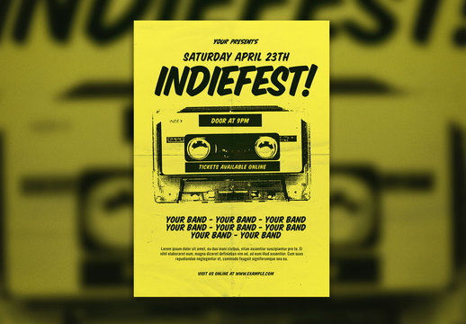 Yellow Flyer Layout with Retro Cassette Tape Illustration