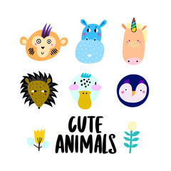 Set of cute animal faces - penguin, monkey, unicorn, porcupine, duck and hedgehog. Vector Illustration.