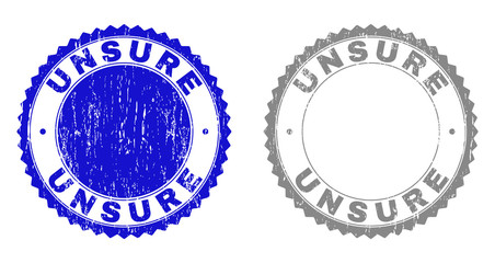 Grunge UNSURE stamp seals isolated on a white background. Rosette seals with grunge texture in blue and grey colors. Vector rubber stamp imitation of UNSURE title inside round rosette.