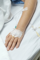 patient hand with saline solution in Intravenous Drip Dropper.