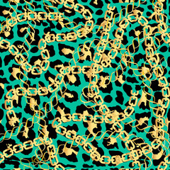 Fashion Seamless Pattern with Golden Chains. Fabric Design Background with Chain, Metallic accessories. Luxurious linear print with fashion accessories.