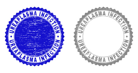 Grunge UREAPLASMA INFECTION stamp seals isolated on a white background. Rosette seals with distress texture in blue and gray colors.