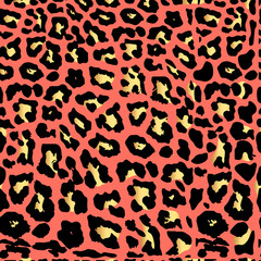 Seamless gold leopard print. Color trend palette. Living Coral color. Vector pattern, texture, background.