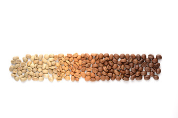 Coffee beans with different types of roast
