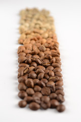 Coffee beans with different types of roast