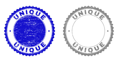 Grunge UNIQUE stamp seals isolated on a white background. Rosette seals with grunge texture in blue and gray colors. Vector rubber stamp imprint of UNIQUE text inside round rosette.