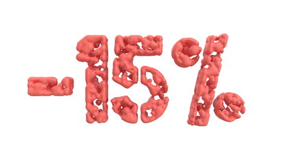 The sign -15off. Made of living coral pink material isolate on white background. 3d illustration