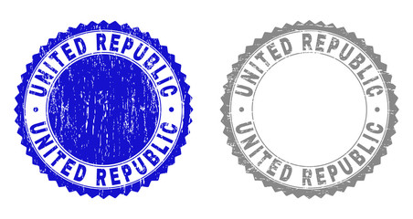 Grunge UNITED REPUBLIC stamp seals isolated on a white background. Rosette seals with grunge texture in blue and gray colors.