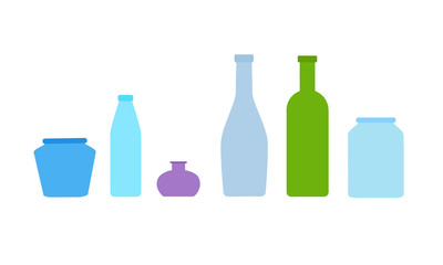 Set of 6 different glass jars and bottles. Vector illustration in flat style