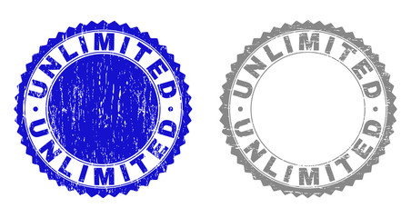 Grunge UNLIMITED stamp seals isolated on a white background. Rosette seals with grunge texture in blue and gray colors. Vector rubber stamp imitation of UNLIMITED label inside round rosette.