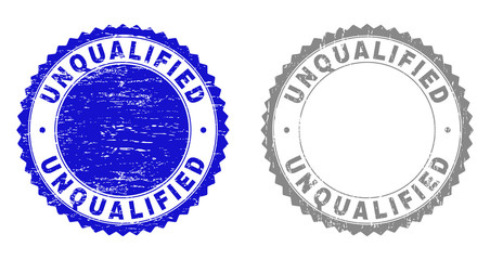 Grunge UNQUALIFIED stamp seals isolated on a white background. Rosette seals with distress texture in blue and grey colors. Vector rubber overlay of UNQUALIFIED title inside round rosette.