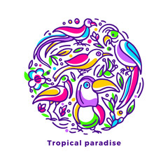 Vector tropical card. Exotic bird, flower in circle symbol. Hand drawn illustration