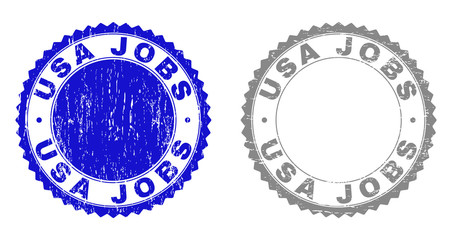 Grunge USA JOBS stamp seals isolated on a white background. Rosette seals with grunge texture in blue and gray colors. Vector rubber watermark of USA JOBS label inside round rosette.