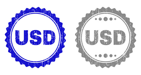 Grunge USD stamp seals isolated on a white background. Rosette seals with grunge texture in blue and gray colors. Vector rubber stamp imprint of USD tag inside round rosette.