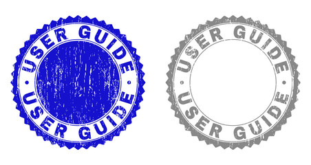 Grunge USER GUIDE stamp seals isolated on a white background. Rosette seals with grunge texture in blue and grey colors. Vector rubber stamp imitation of USER GUIDE text inside round rosette.