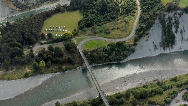 Aerial view of river at Rangitikei White Cliffs camping site, New Zealand 4k
