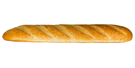 French baguette, it is isolated on the white. One baguette isolated on the white background