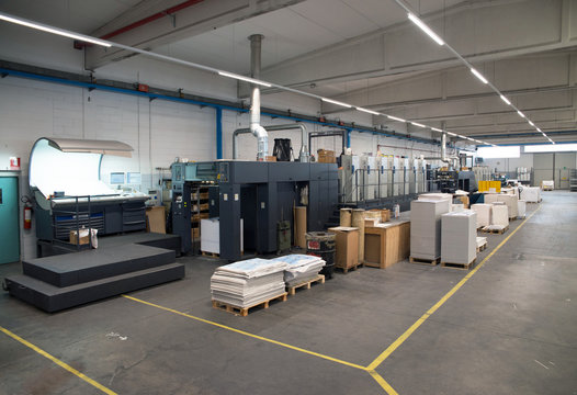 Press printing - Offset machine. Printing technique where the inked image is transferred from a plate to a rubber blanket, then to the printing surface.