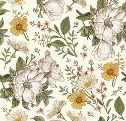 Seamless pattern. Realistic blooming isolated flowers Vintage fabric background. Beautiful Rosehip chamomile croton wildflowers. Wallpaper baroque. Drawing engraving. Vector victorian Illustration