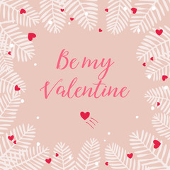 Valentines frame in soft pink with red hearts and white winter twigs