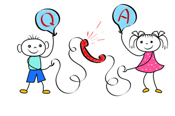 Cartoon customer calling to user hotline operator. Happy stickman boy communicating with support service operator and asking for help.