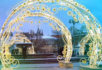 Christmas decorations with illumination in Moscow close-up