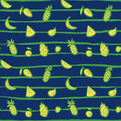 Vector tropical fruit background with durian, pineapple, watermelon, banana, dragon fruit, Pitaya. Summer exotic fruit black and white seamless pattern. Hand drawing illustration, wrap, textile