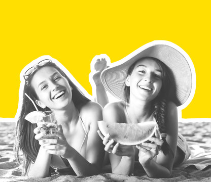 Vacation Summer travel. Young sexy girls in bikinis sunbathe on the beach with cocktails and watermelon in sunglasses on a yellow background.collage style magazine.Image