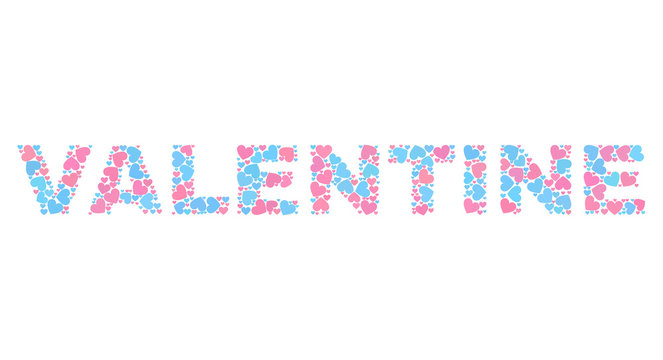 VALENTINE tag designed with scattered pink and blue lovely hearts. Text tag is isolated on a white background. Vector collage VALENTINE for Valentine illustrations.