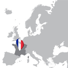 France Location Map on map Europe. 3d France flag map marker location pin. High quality map France.  Vector illustration EPS10.