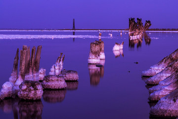 Sasyk salt lake in the moonlight at night