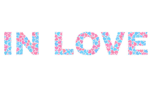 IN LOVE text constructed with scattered pink and blue lovely hearts. Text label is isolated on a white background. Vector collage IN LOVE for Valentine purposes.