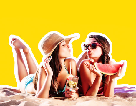 Vacation Summer travel. Young sexy girls in bikinis sunbathe on the beach with cocktails and watermelon in sunglasses on a yellow background.collage style magazine.Image