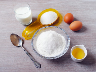 Ingredients for baking - eggs, flour, wheat. Kitchen utensils. Holiday Baking, Flour Dough.