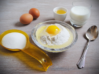 Ingredients for baking - eggs, flour, wheat. Kitchen utensils. Holiday Baking, Flour Dough.