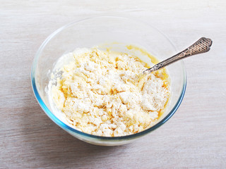 bowl of dough, Ingredients for baking at home.