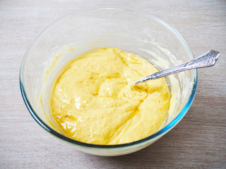 bowl of dough, Ingredients for baking at home.