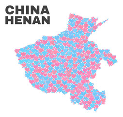 Mosaic Henan Province map of lovely hearts in pink and blue colors isolated on a white background. Lovely heart collage in shape of Henan Province map. Abstract design for Valentine decoration.