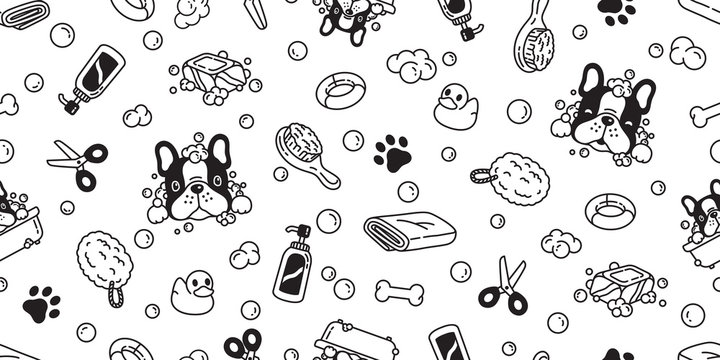 Dog seamless pattern french bulldog vector bath shower rubber duck scarf isolated repeat wallpaper tile background cartoon illustration white doodle